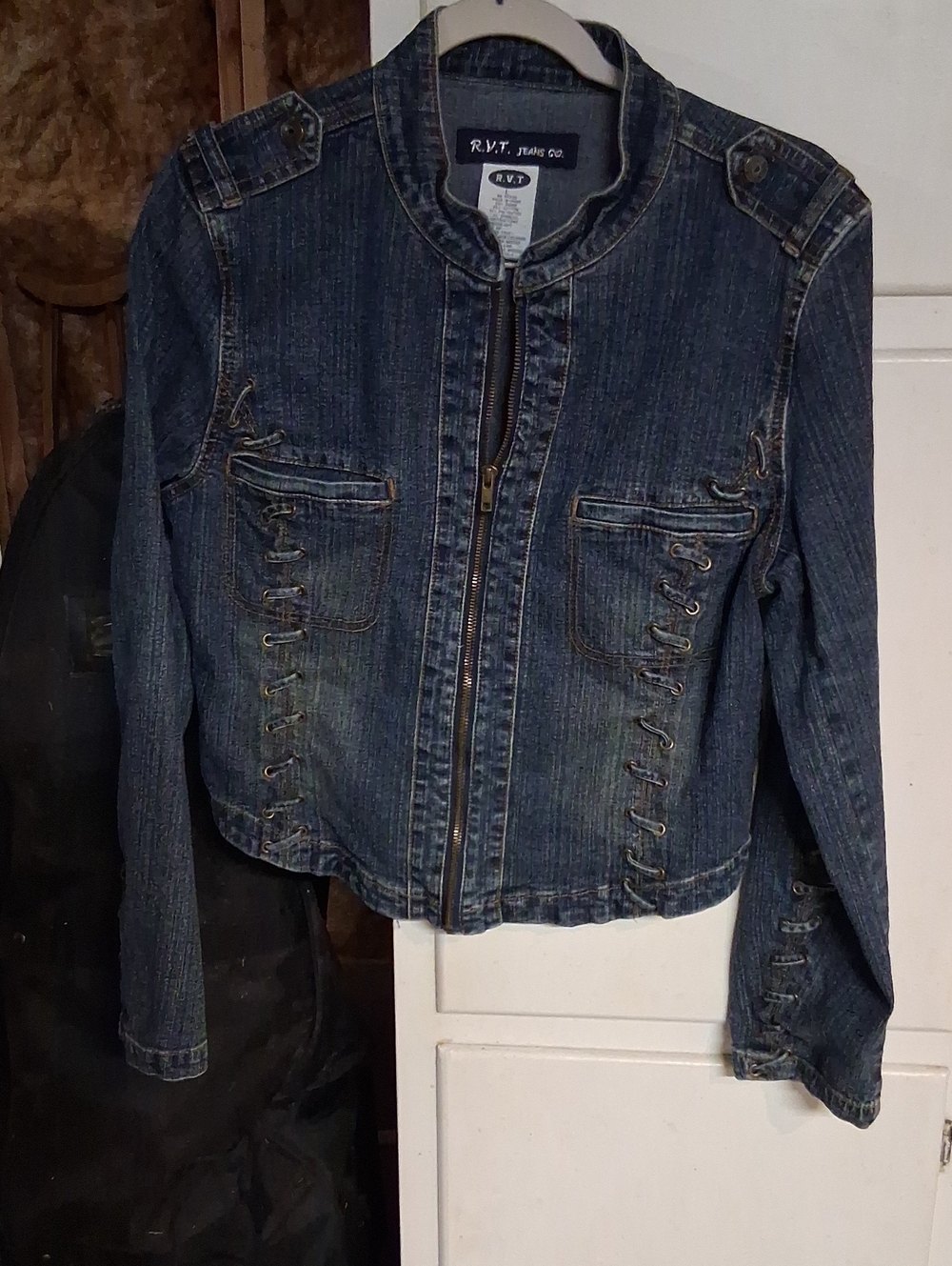 Women's Dark Blue Denim Jacket with Lace-Up Details